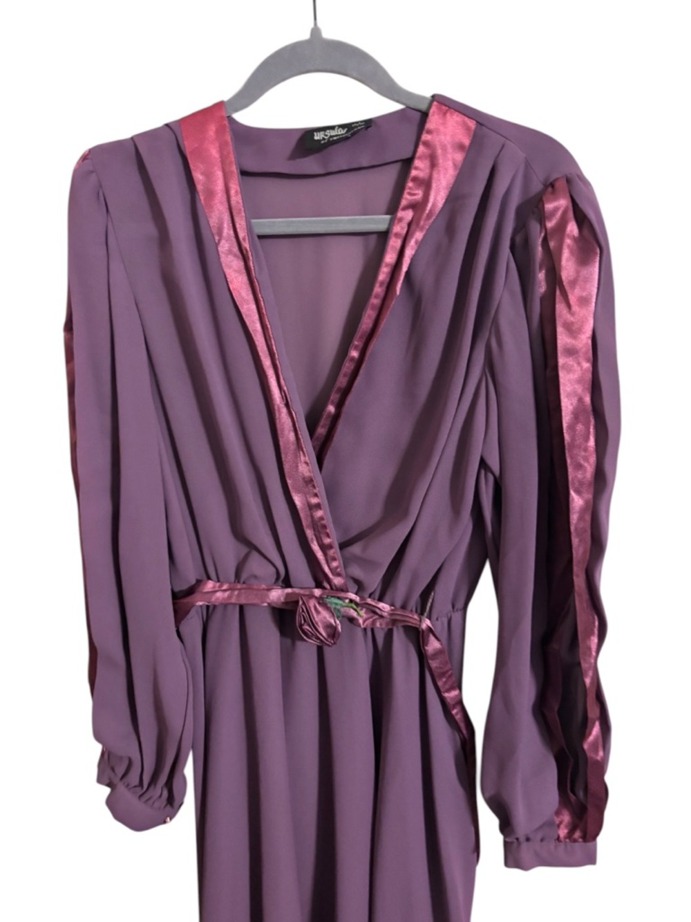 Ursula of Switzerland Vintage Purple Wrap Belted Rose Dress Size 15/16 - Picture 2 of 5